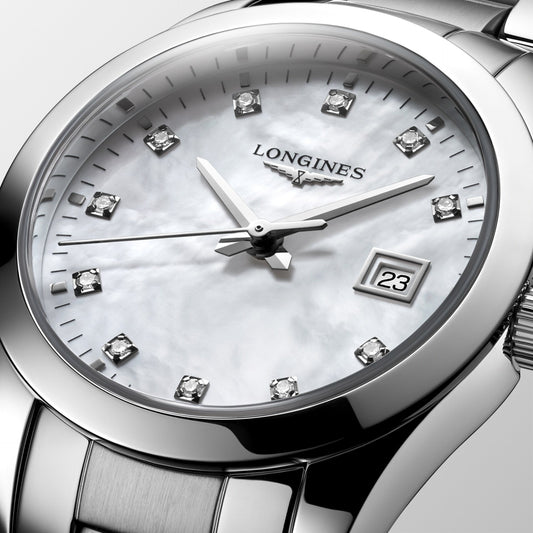 浪琴表 Conquest 经典款 29 毫米珍珠贝母镶钻石英精钢腕表 L2.286.4.87.6