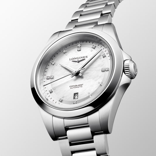 Longines Conquest 30毫米珍珠母贝钻石自动钢表 L3.320.4.87.6