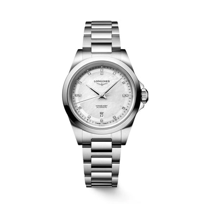 Longines Conquest 30毫米珍珠母贝钻石自动钢表 L3.320.4.87.6