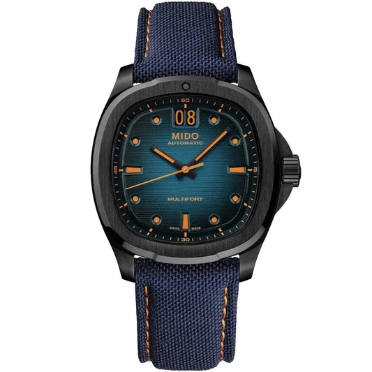 美度 Multifort TV 大日历腕表 39x40mm 蓝色自动上链钢黑色 PVD ​​镀层腕表 M049.526.37.041.00