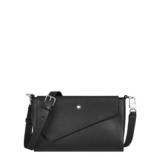 Black leather montblanc messenger bag trio sartorial nero with silver hardware and minimalist design