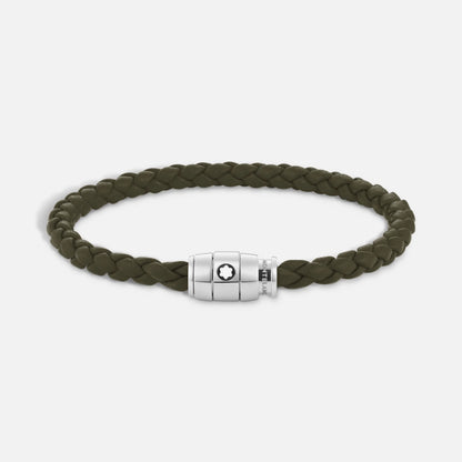 Montblanc bracciale kaki in pelle intrecciata con chiusura magnetica in acciaio pregiato lucido impreziosito