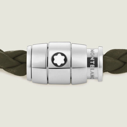 Bracciale montblanc in acciaio pregiato lucido con chiusura magnetica e corda in pelle intrecciata kaki misura L