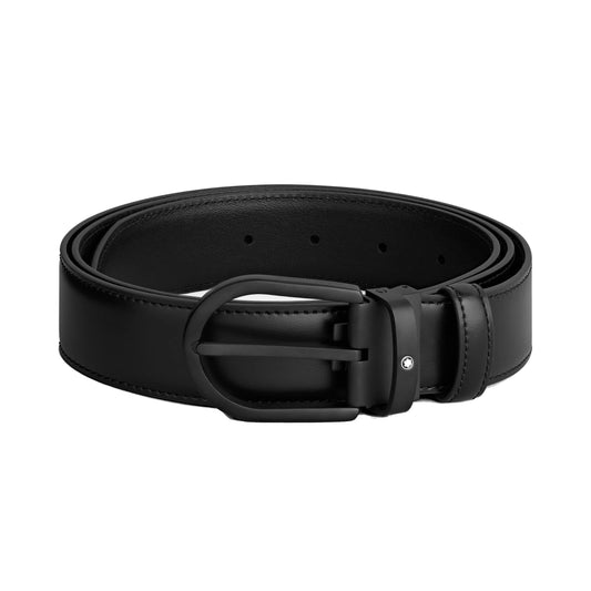 Montblanc elegante cintura tubolare in lussuosa pelle nera con fibbia a ferro di cavallo opaca e logo montblanc