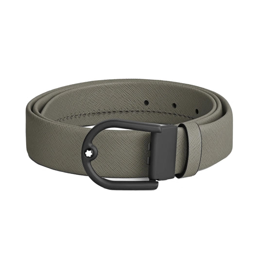 Montblanc elegante cintura tubolare in pelle grigio medio con fibbia a ferro di cavallo e fibbia d anello nero opaco