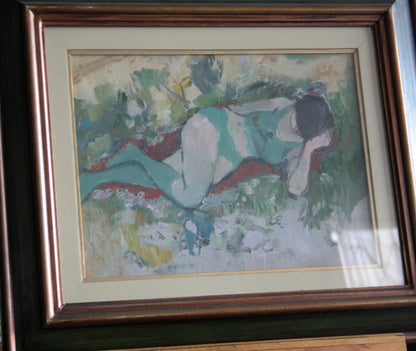 Dipinto olio raffigurante ragazza distesa su tela firmata da savino labò con cornice elegante