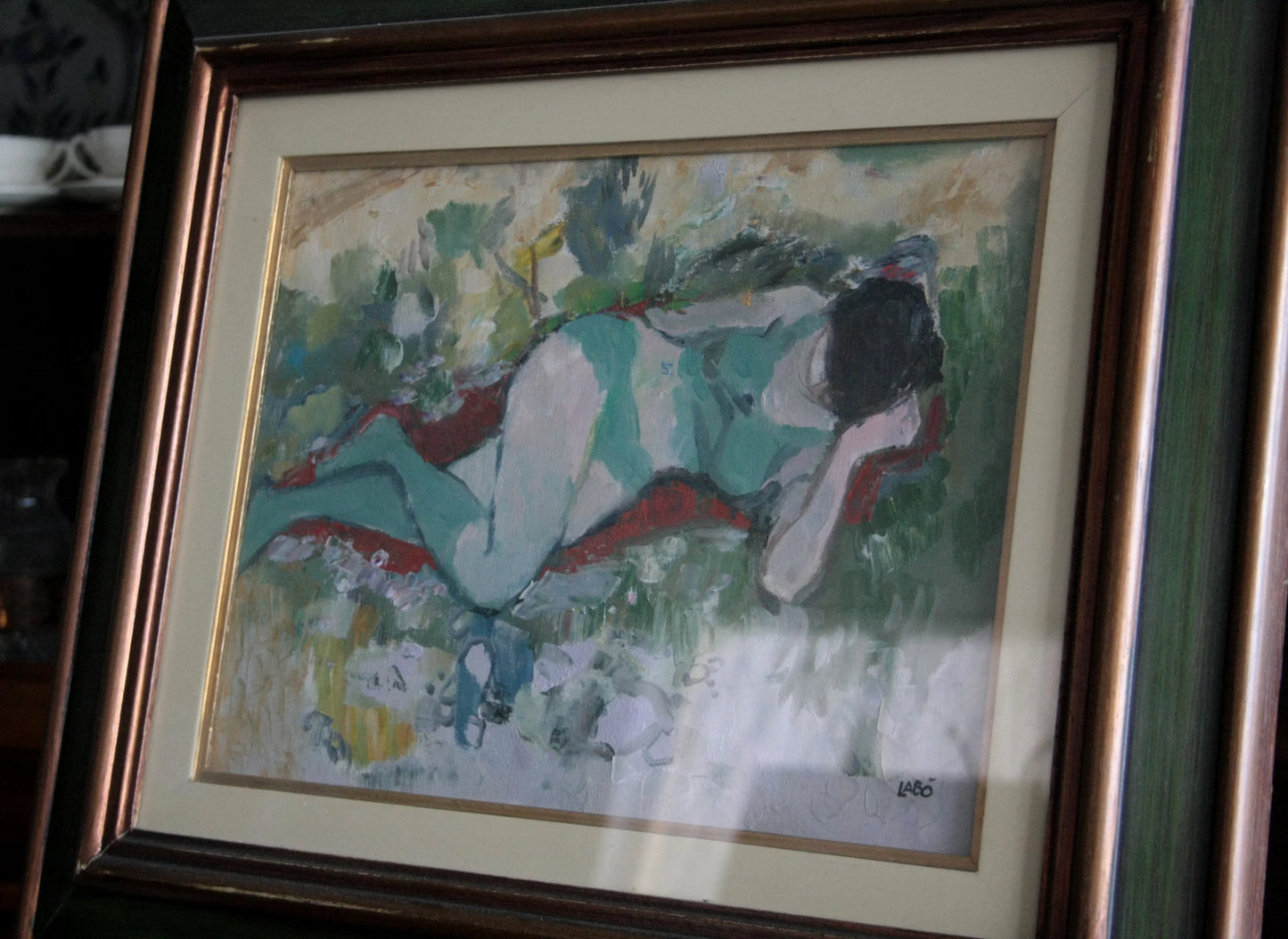Dipinto olio su tela raffigurante donna distesa firmata savino labò con telaio e colori caldi
