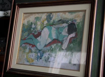 Dipinto olio su tela raffigurante donna distesa firmata savino labò con telaio e colori caldi