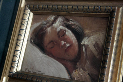 Framed painting of a sleeping girl titled bambina dormiente by francesco galante signed opera from 1884-1972