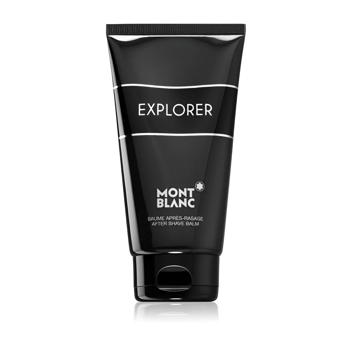 Montblanc explorer balsamo post-rasatura 150ml tube nero lucido con testo bianco minimalista profumo legnoso-aromatico enfatizza