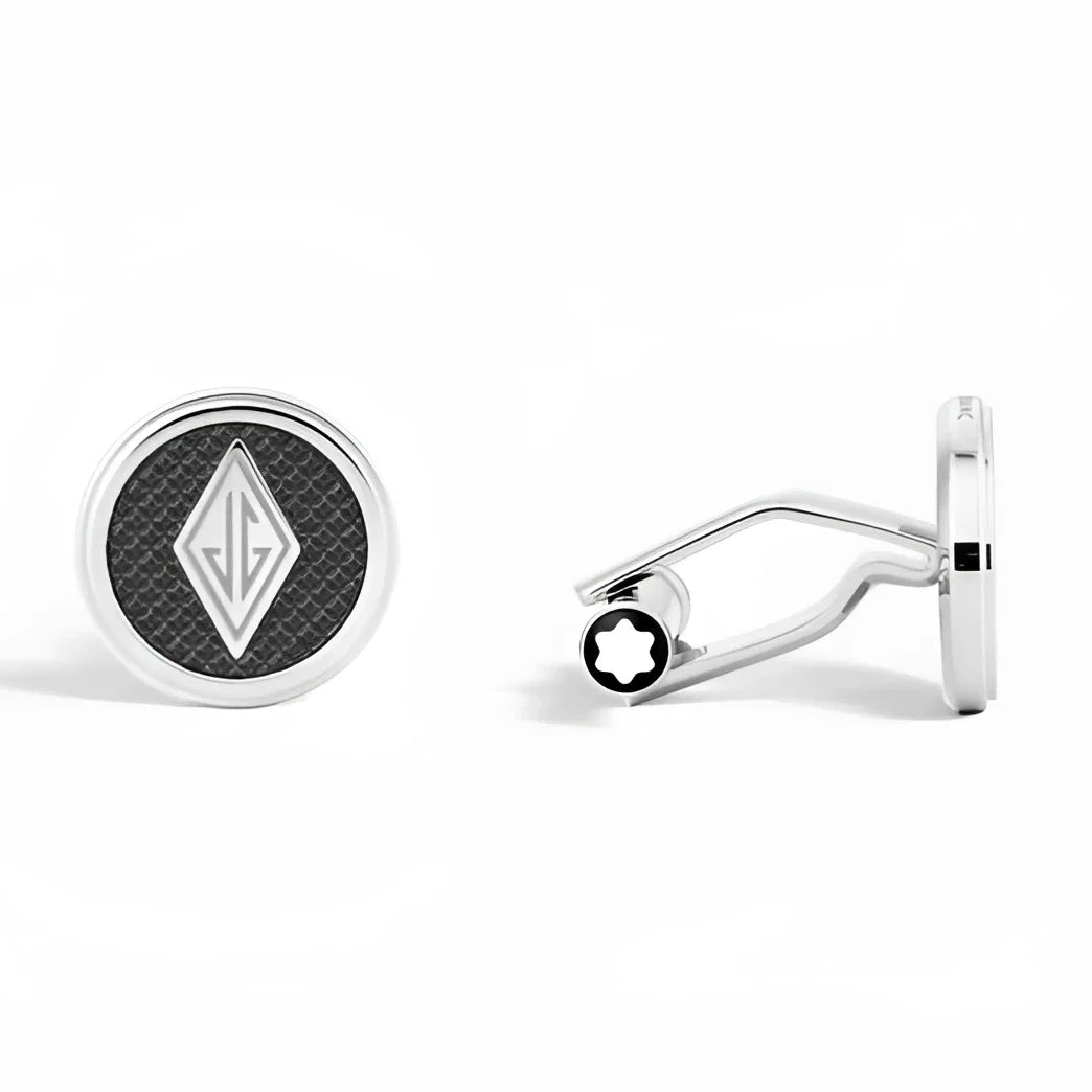 Coppia di gemelli in acciaio silver con emblemadiamante nera e logo inciso m montblanc great characters homage the great gatsby