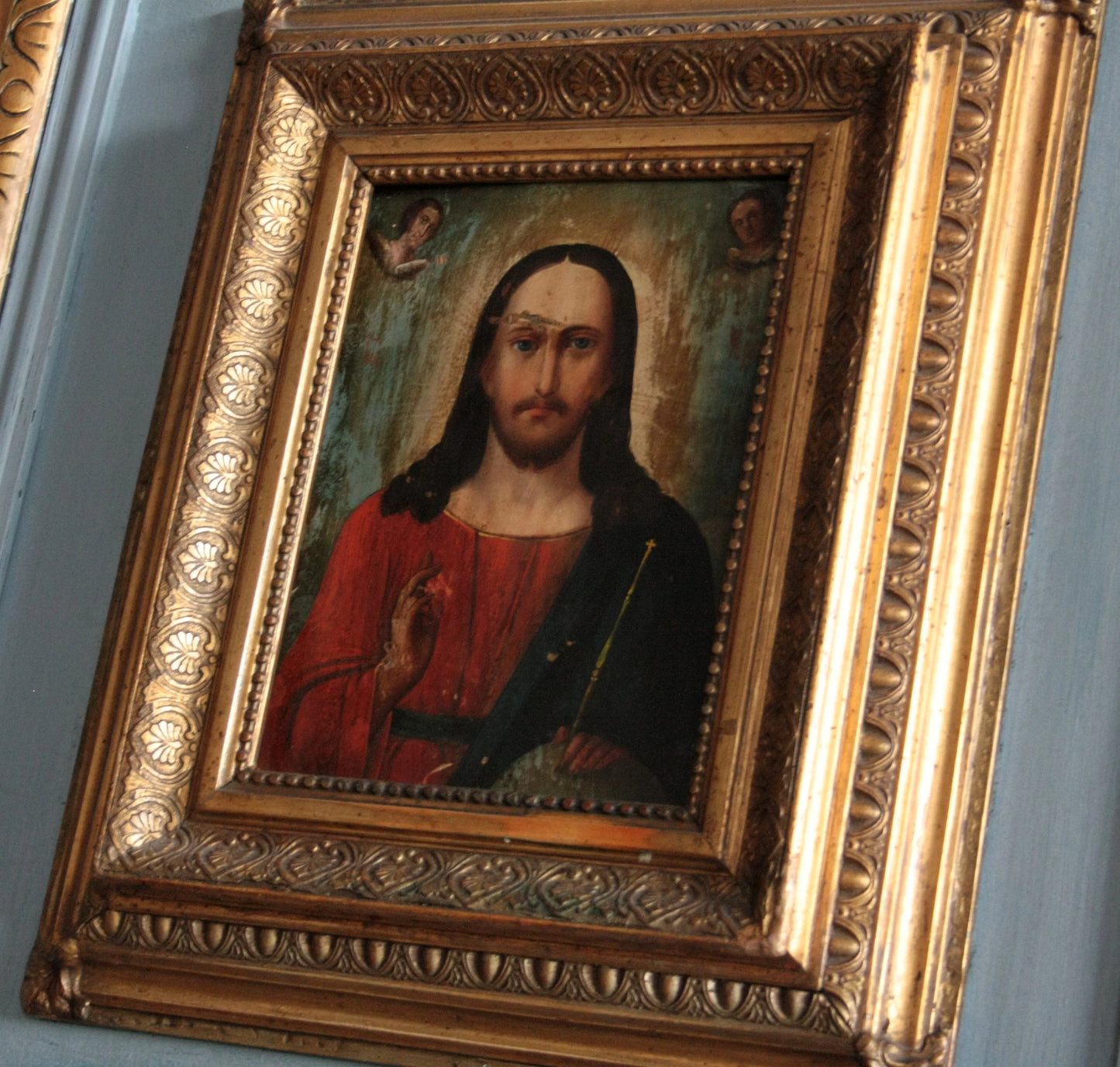 Framed icona ortodossa of Cristo Pantocratore in wood with gilded details secolo area russa xviii secolo