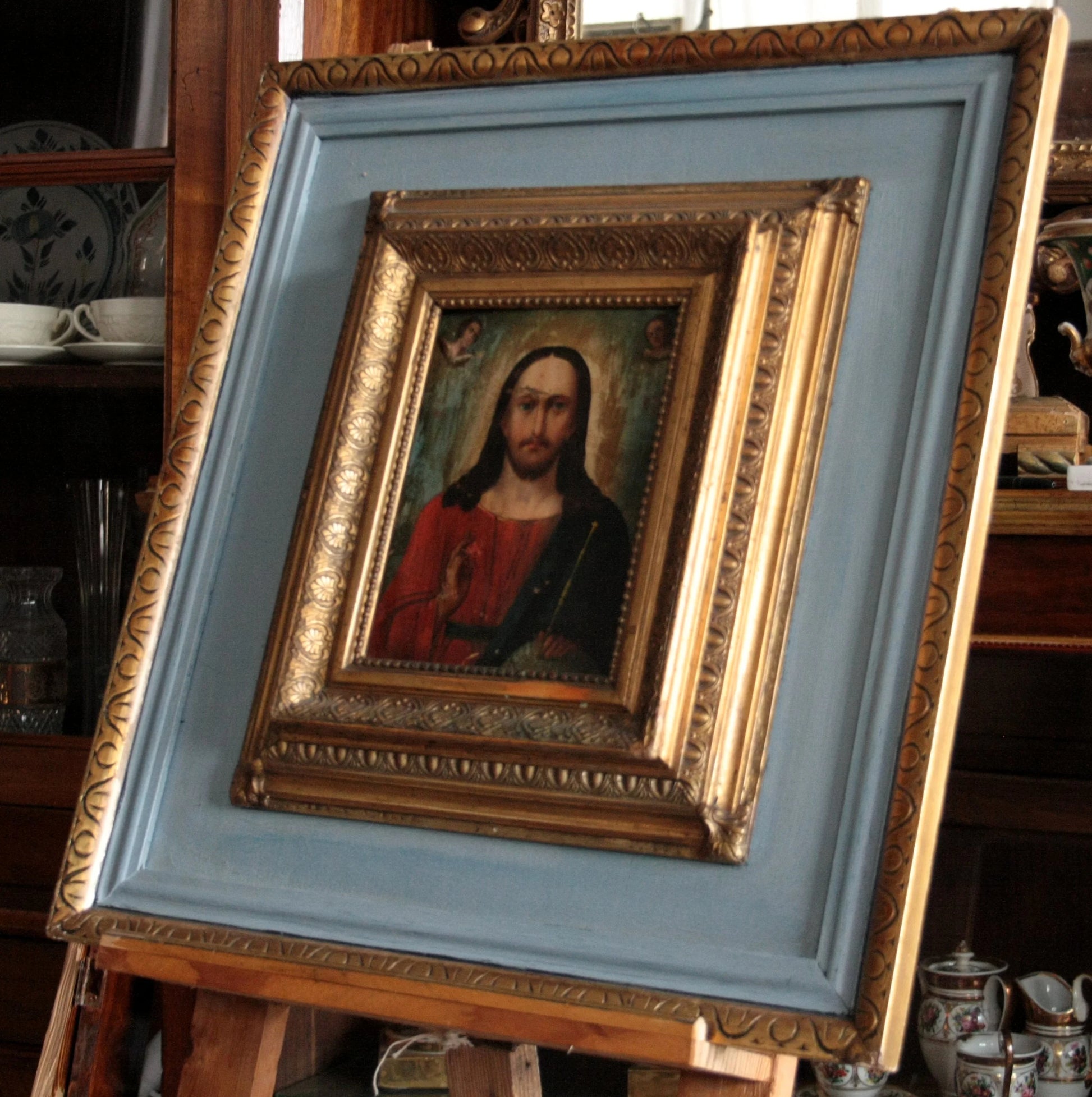 Framed icona ortodossa Cristo pantocratore xviii secolo area russa in legno dipinta con dettagli dorati