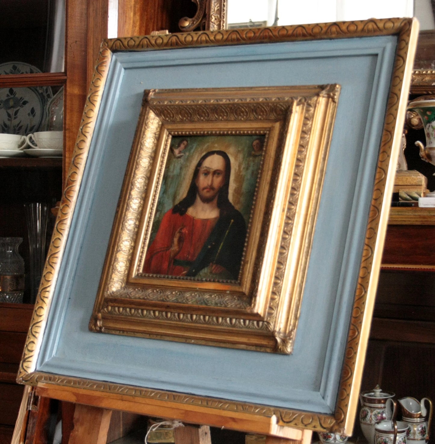 Framed icona ortodossa pantocratore xviii secolo area russa depicting jesus in rich colors and traditional style