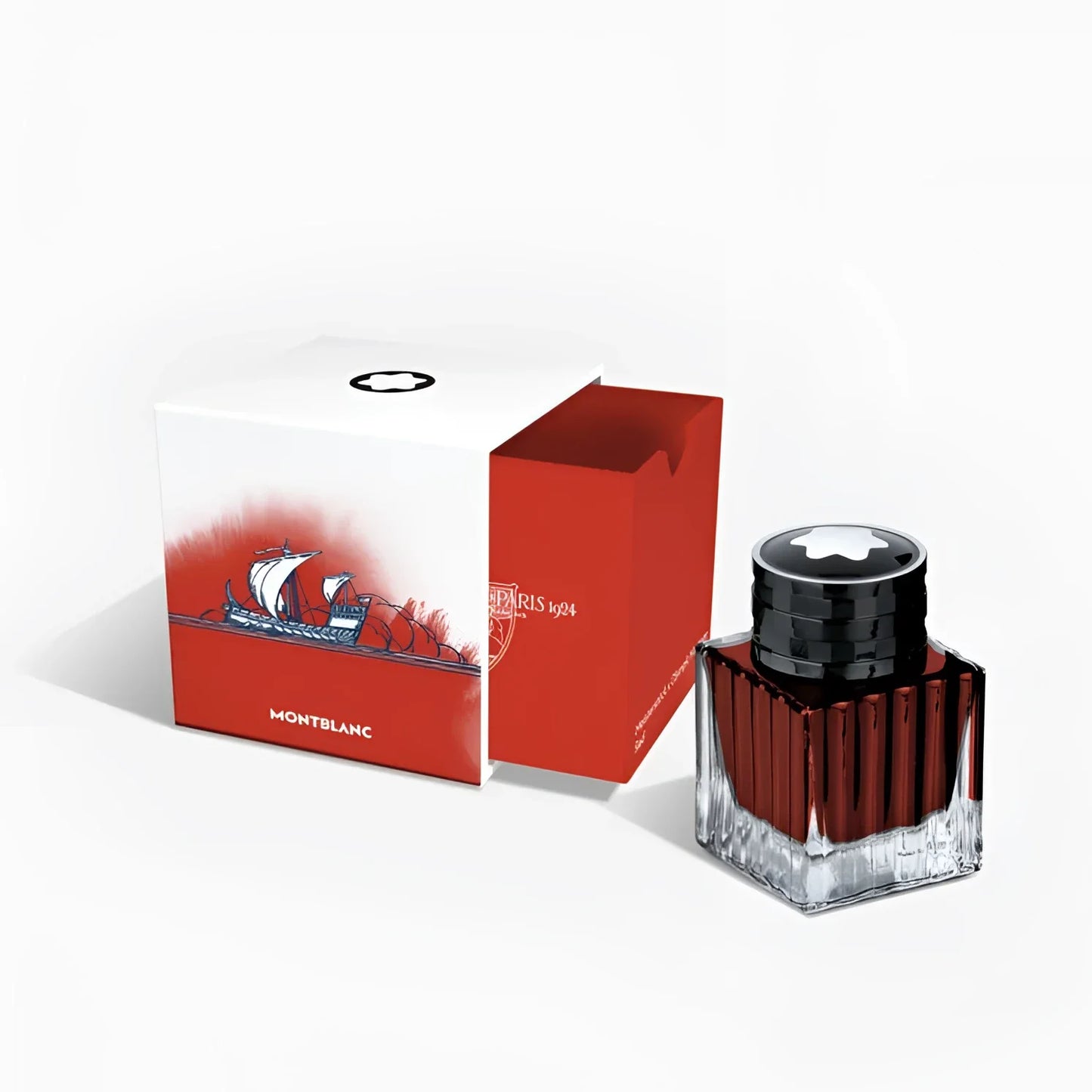 Boccetta d’inchiostro montblanc 50ml rosso con corpo in vetro sfaccettato e tappo nero meisterstück x olympic heritage paris 1924