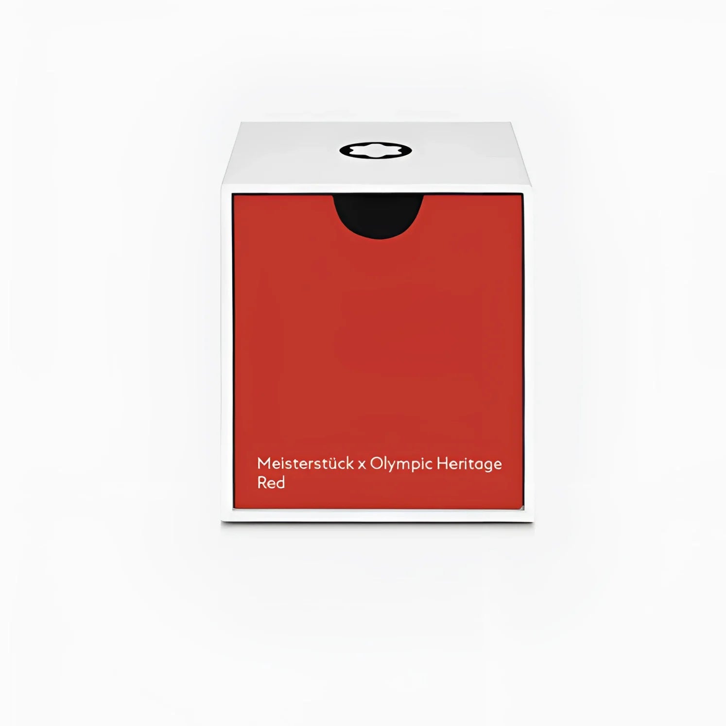 Scatola rettangolare bianca e rossa vivace con tirante nero della boccetta d’inchiostro 50ml meisterstück x olympic heritage paris 1924 rosso montblanc