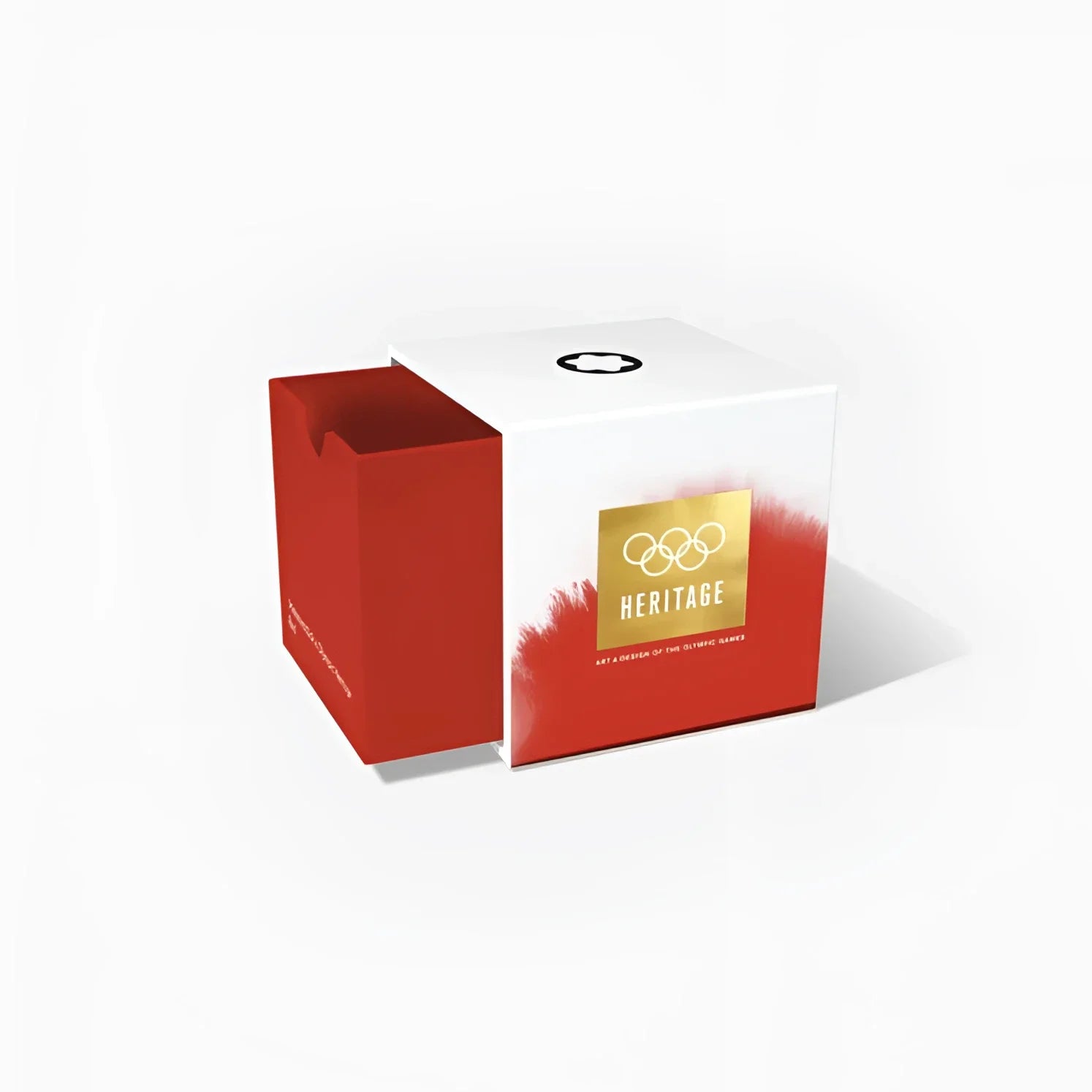 Scatola rossa e bianca con logo oro olympic heritage per montblanc boccetta d’inchiostro 50ml rosso meisterstück x olympic paris 1924
