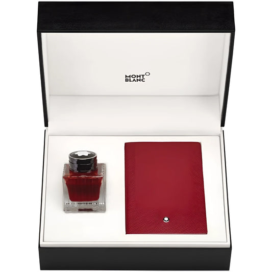 Montblanc set blocco note in pelle rossa con emblem silver e bottiglia inchiostro rosso da 50 ml in vetro trasparente