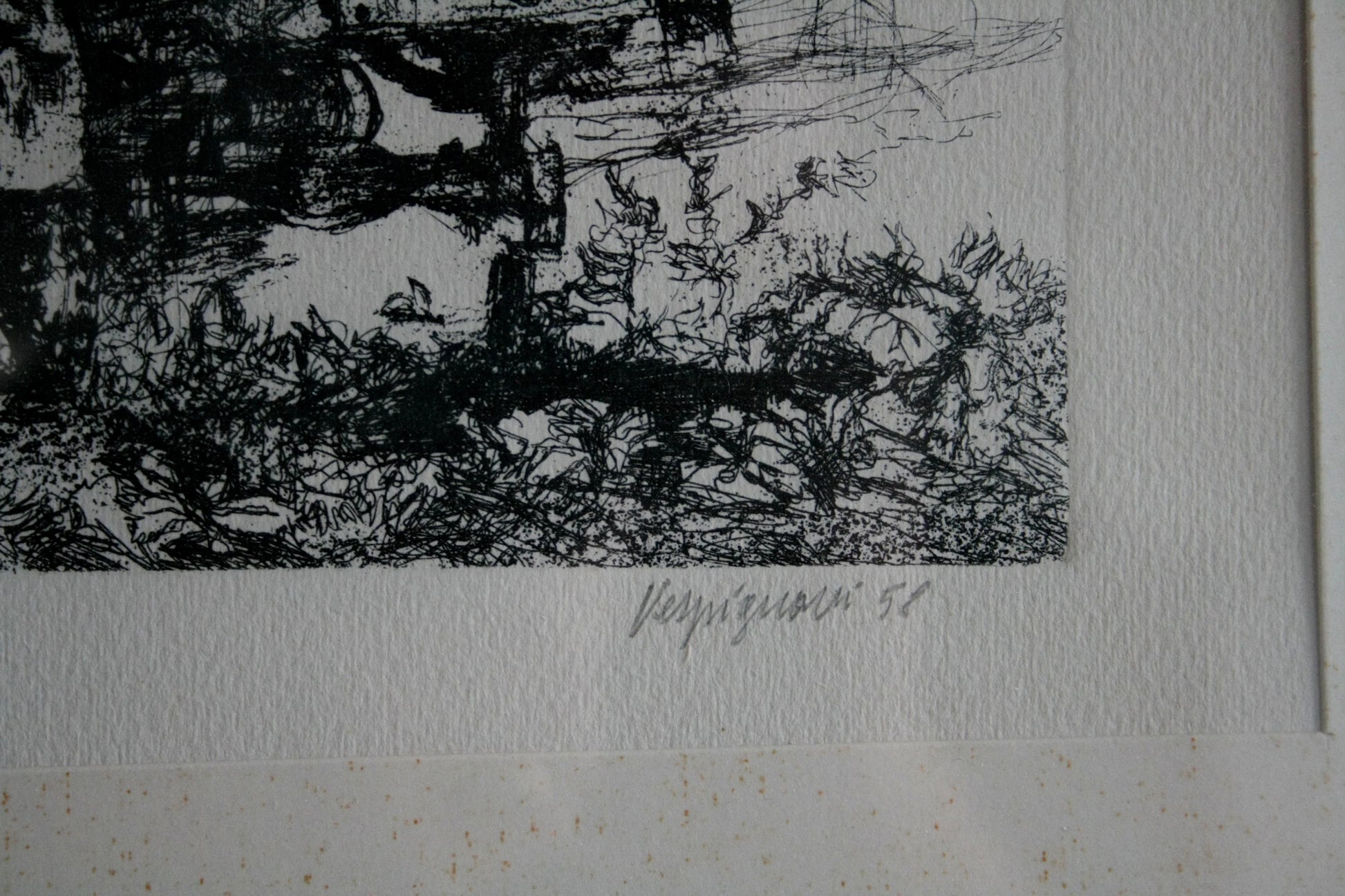 Opera astratta in bianco e nero di renzo vespignani intitolata camion in periferia anno 1956 acquaforte firmata