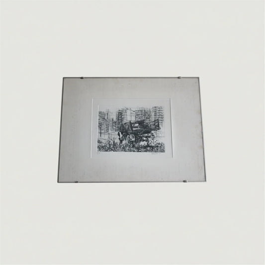 Litografia in bianco e nero incorniciata di renzo vespignani con camion in periferia anno 1956 dimensioni quadro compatte