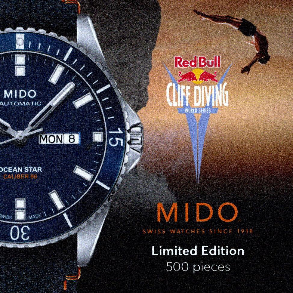 美度 Ocean Star Red Bull Cliff Diving 限量500支 42毫米 蓝色自动机械钢表 M026.430.17.041.00