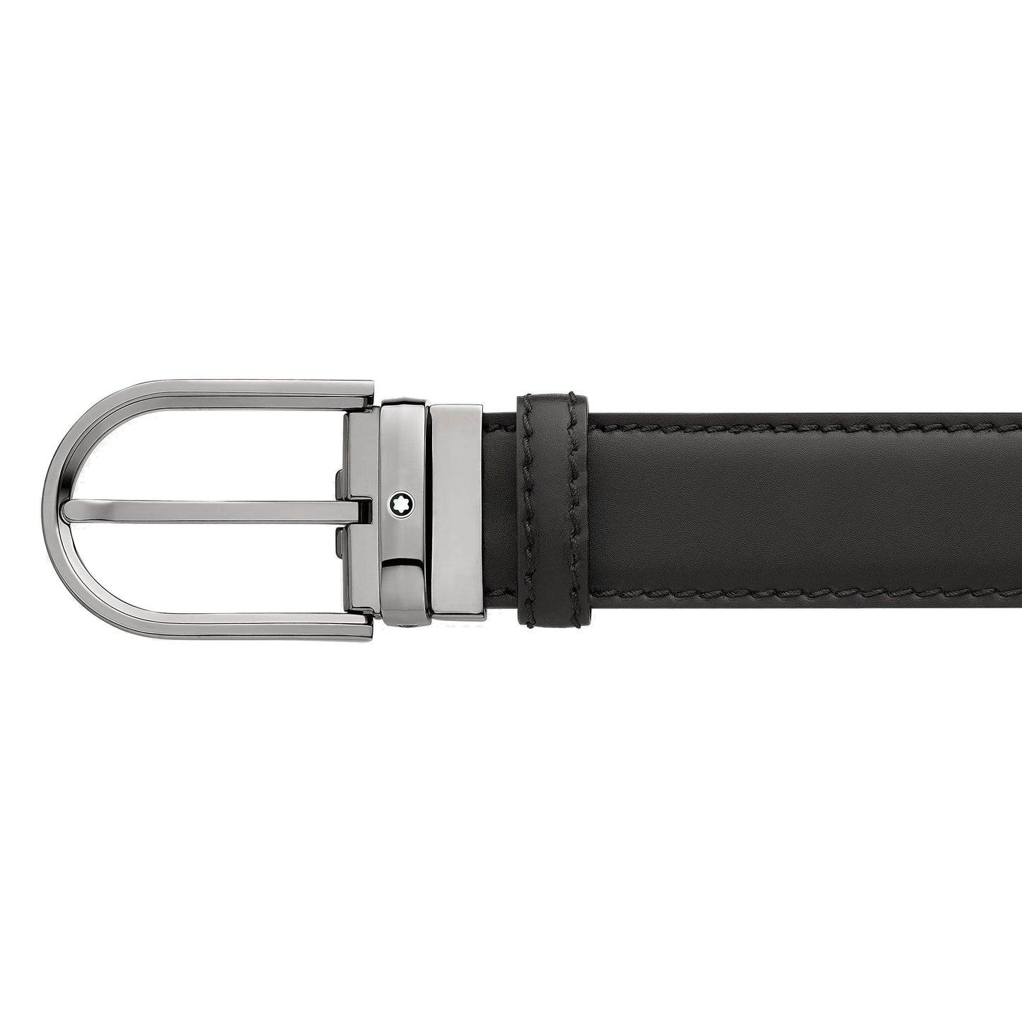 Montblanc cintura 35mm fibbia ferro di cavallo finitura rutenio pelle nera misura regolabile 128770