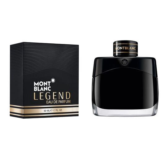 Bottiglia di montblanc legend eau de parfum 50ml in vetro nero elegante con dettagli dorati e confezione abbinata