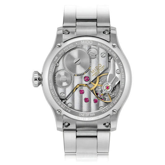 Retro del mido multifort mechanical edizione limitata in acciaio con movimento meccanico e dettagli rubino