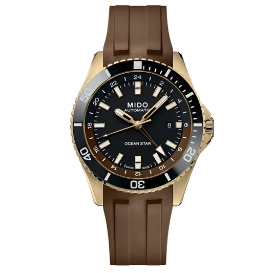 Orologio mido ocean star automatico con funzione gmt, quadrante nero, indici bianchi e cinturino in gomma marrone