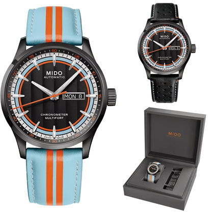 Mido multifort chronometer orologio automatico 42mm nero con quadrante nero e cinturino pelle righe arancione e azzurro