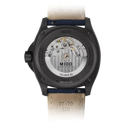 Mido orologio multifort tv big date 39x40mm blu automatico acciaio pvd nero con cinturino in pelle blu navy e beige