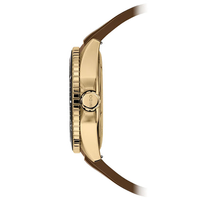 Orologio mido ocean star 44mm funzione gmt con cassa in acciaio finitura oro giallo e cinturino in pelle marrone