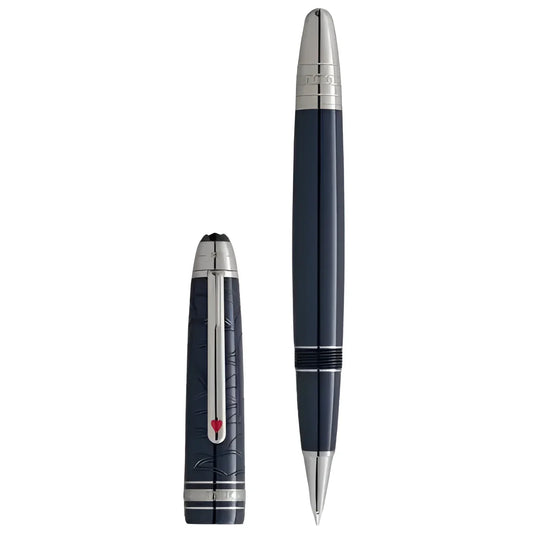 Elegante penna roller montblanc legrand meisterstück navy blu con accenti argento e dettaglio cuore rossi around the world