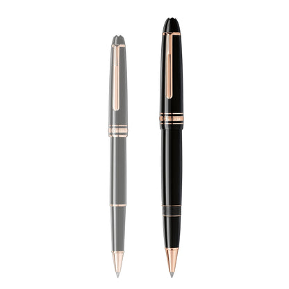 Due penne montblanc roller meisterstück gold-coated legrand nere e grigie con eleganti dettagli in rosa gold-coated