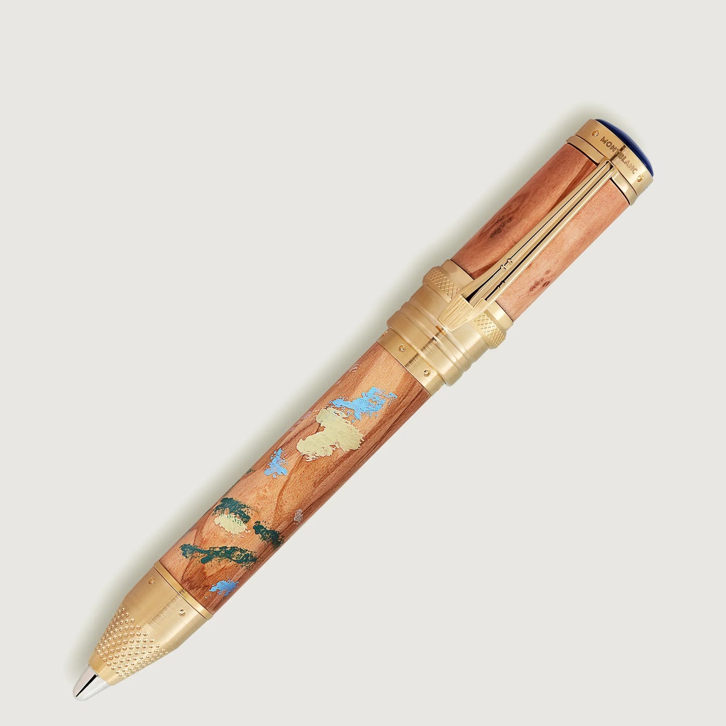 Montblanc penna roller masters of art con corpo in legno intarsiato paesaggio e dettagli in metallo dorato