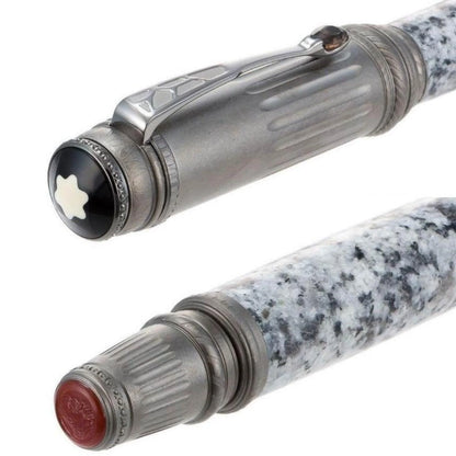 Montblanc stilografica patron of art scipione borghese con corpo in pietra grigia e nera e clip metallica incisa