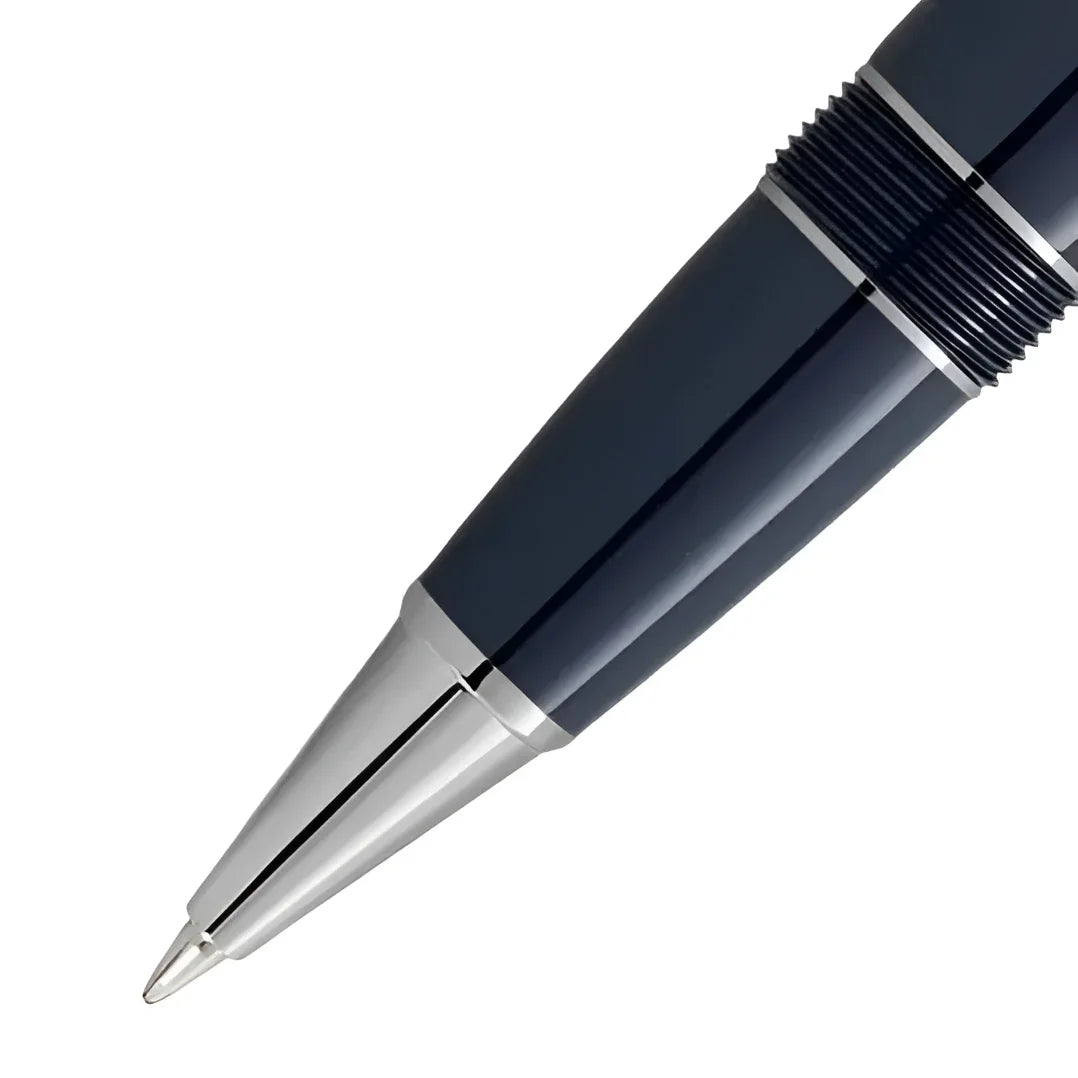 A sleek navy blue montblanc rollerball pen with silver accents and textured grip from the world collection