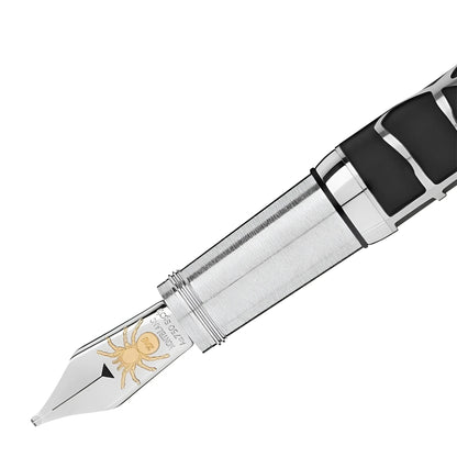 Stilografica heritage rouge et noir montblanc con penna argento, incisione ragno oro e impugnatura nera e argento textura
