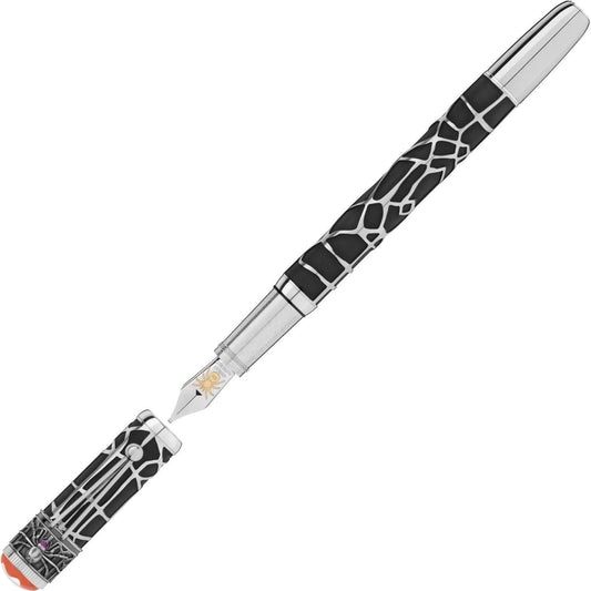Montblanc stilografica heritage rouge et noir limited edition con motivo giraffa nero e argento e emblema ragno dorato sulla punta