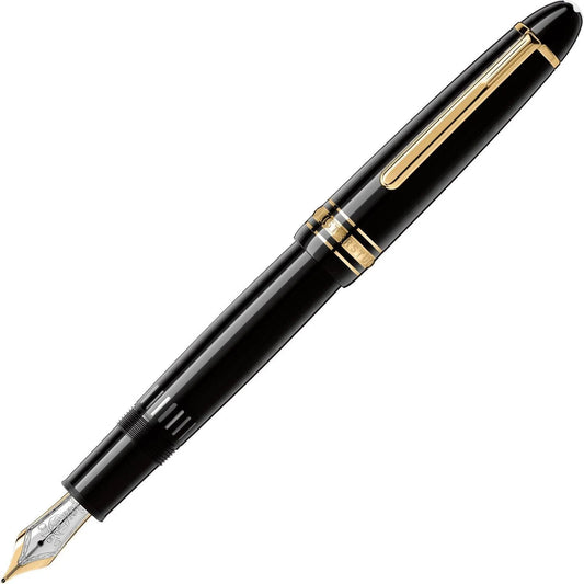 Montblanc stilografica meisterstück legrand in pregiata resina nera con dettagli oro e punta m in argento