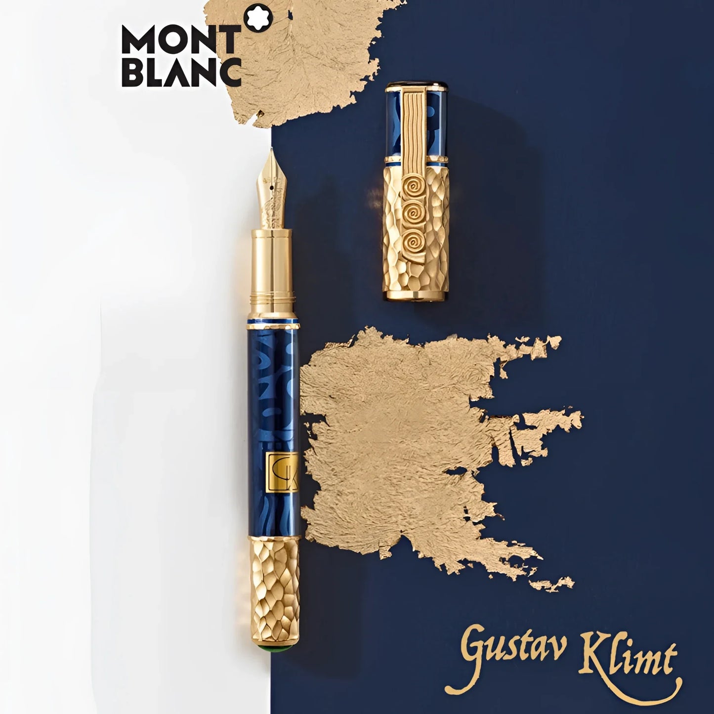 Stilografica montblanc masters of art homage to gustav klimt in blu con motivi foglia oro e dettagli oro testurizzati
