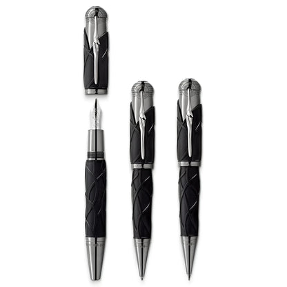 Penna stilografica montblanc writers edition fratelli grimm nera e argento con design intrecciato e cappuccio metallico lucido