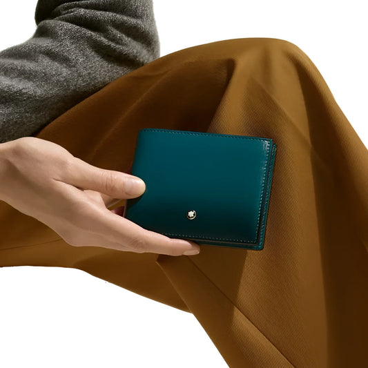Portafoglio meisterstück in pelle blu cipro con sei scomparti e emblem montblanc in argento