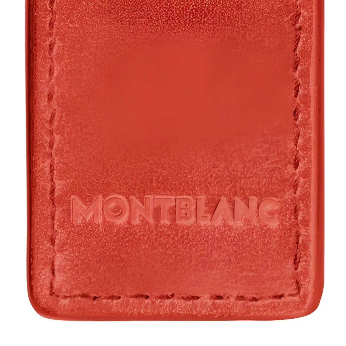 Red suede montblanc keychain con logo impresso e cuciture per l elegante astuccio meisterstück corallo