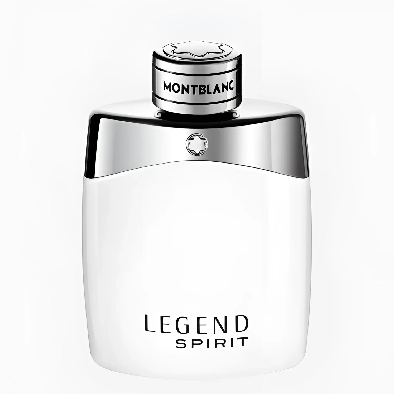 Bottiglia di montblanc legend spirit eau de toilette 100ml con corpo bianco elegante e tappo argento lucidato