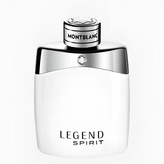 Bottiglia di montblanc legend spirit eau de toilette 100ml con corpo bianco elegante e tappo argento lucidato