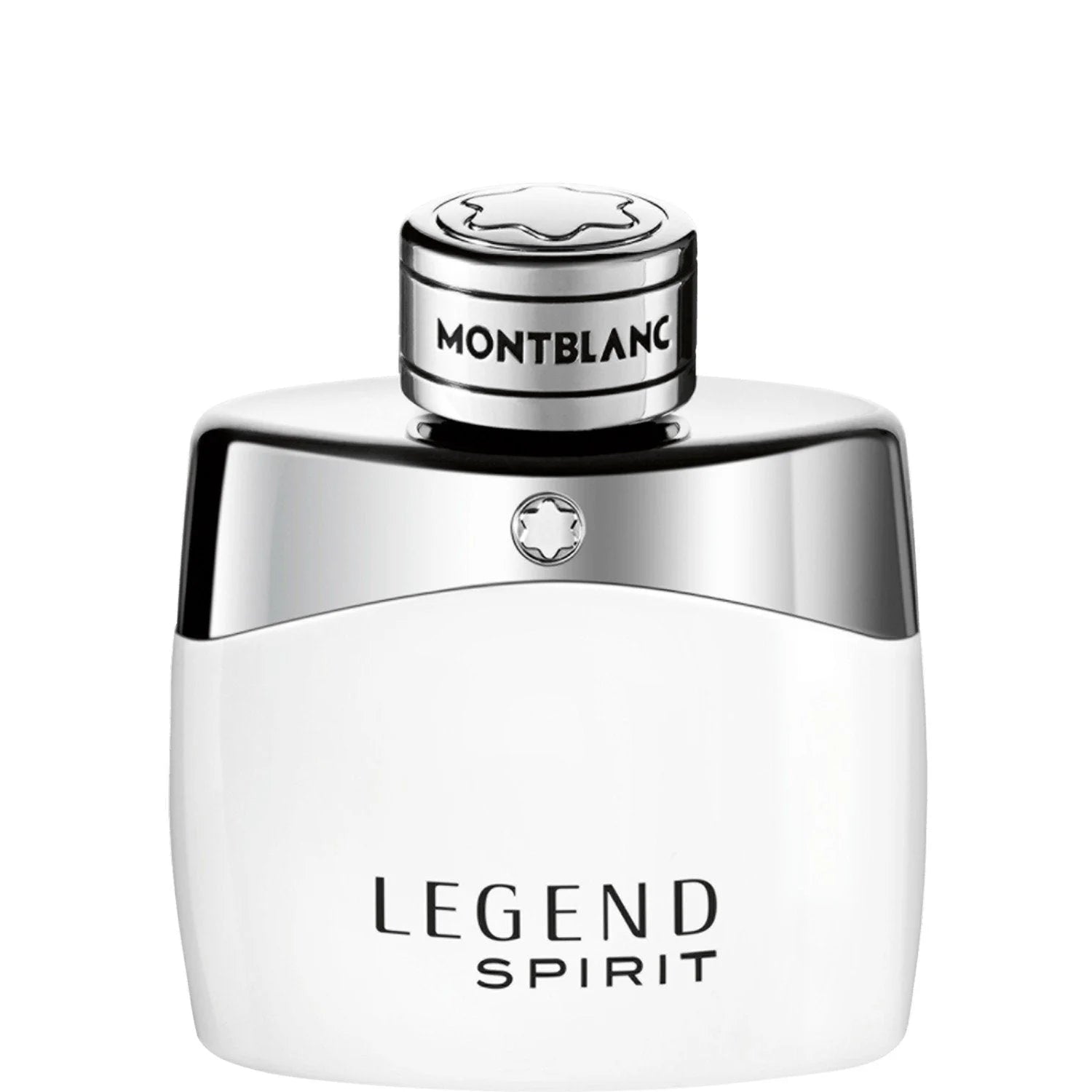 Bottiglia di montblanc legend spirit eau de toilette 50ml con corpo bianco e tappo argento con logo montblanc per un profumo incredibilmente fresco