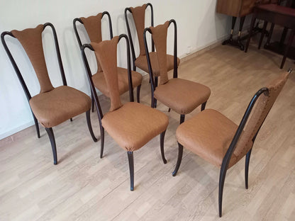 Set di sei sedie pranzo vintage con imbottitura color tan e struttura in legno palissandro anni 50 restaurate