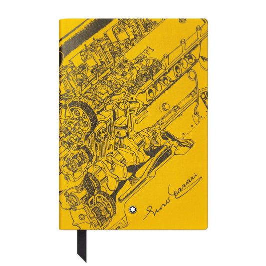 Blocco note montblanc great characters enzo ferrari in pelle gialla con disegno motore e firma enzo ferrari