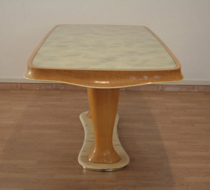 Tavolo da pranzo mid-century moderno vittorio dassi rettangolare color crema e marrone chiaro legno anni cinquanta